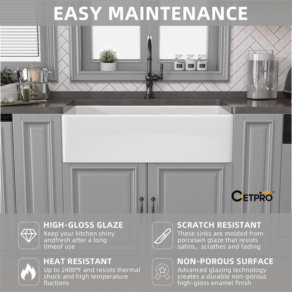 White Fireclay Single Bowl Farmhouse Kitchen Sink with Grid