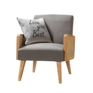 Delphine Modern Pewter Accent Arm Chair with Rattan Armrest and Wood Legs for Living Room and Bedroom