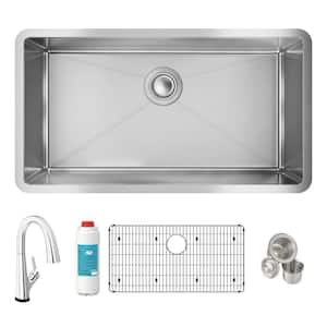 Crosstown 16-Gauge Stainless Steel 32.5 in. Single-Bowl Undermount Kitchen Sink with Filtered Faucet and Accessories