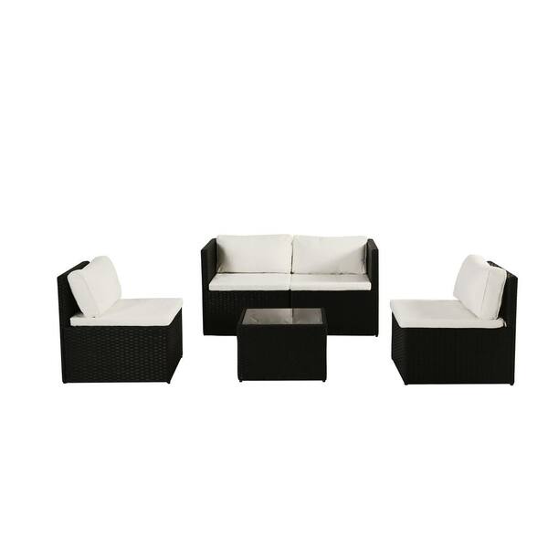 JUSKYS Lovely 4 - Person Black Wicker Patio Conversation Outdoor Seating Group with White Cushions (Set of 5)