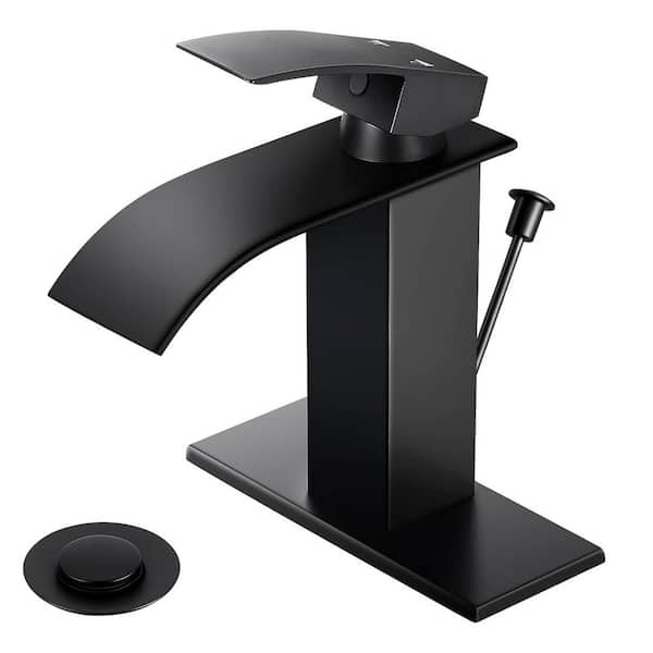 AKLFGN Single Handle Waterfall Bathroom Faucet for 1 or 3 Hole, Bathroom Sink Faucet with Lift Rod Drain in Matte Black