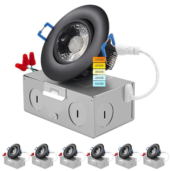 LUXRITE 3 in. Adjustable LED Gimbal Canless Recessed Light with J-Box 5 CCT 8-Watt 600 Lumens IC Rated Damp Rated Black (6-Pack)