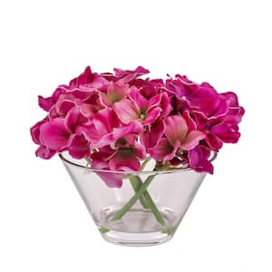 8 in Artificial Floral Arrangements Hydrangea with Acrylic Water in Glass- Color: Dark Purple