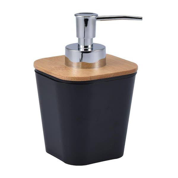 Bath D Soap Dish Cup Dispenser Black and Bamboo Tray