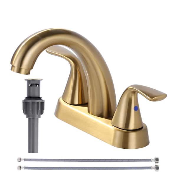 AVITAS 4 in. Centerset Double Handle Bathroom Faucet with Drain Kit Included in Gold