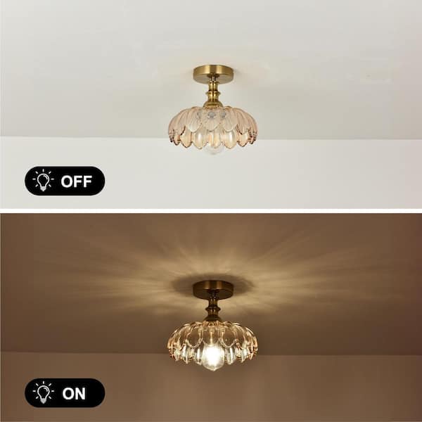 Essel 10.23 in. 1-Light Amber Modern Mid-Century Semi-Flush Mount with Flower Glass Shade, No Bulbs Included