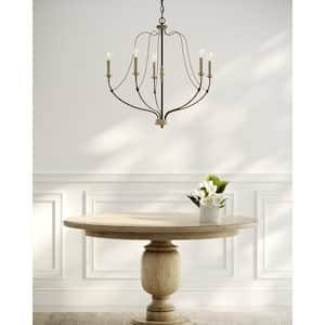 Nadia 5-Light Distressed White Wood and Weathered Iron Farmhouse Rustic Hanging Candlestick Chandelier