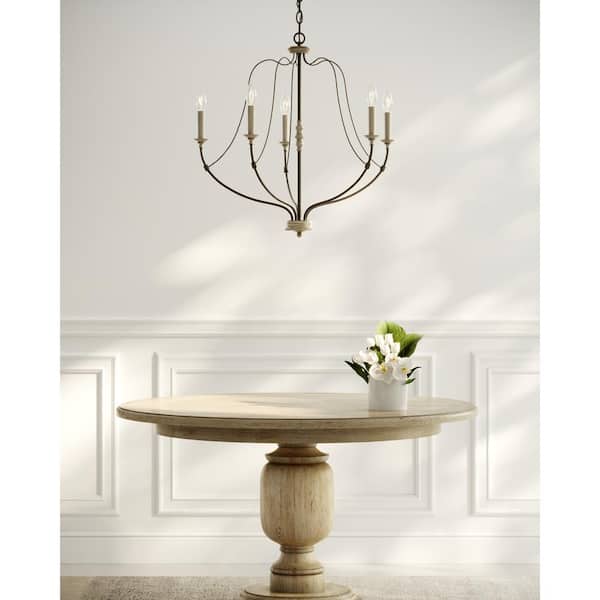 Nadia 5-Light Distressed White Wood and Weathered Iron Farmhouse Rustic Hanging Candlestick Chandelier