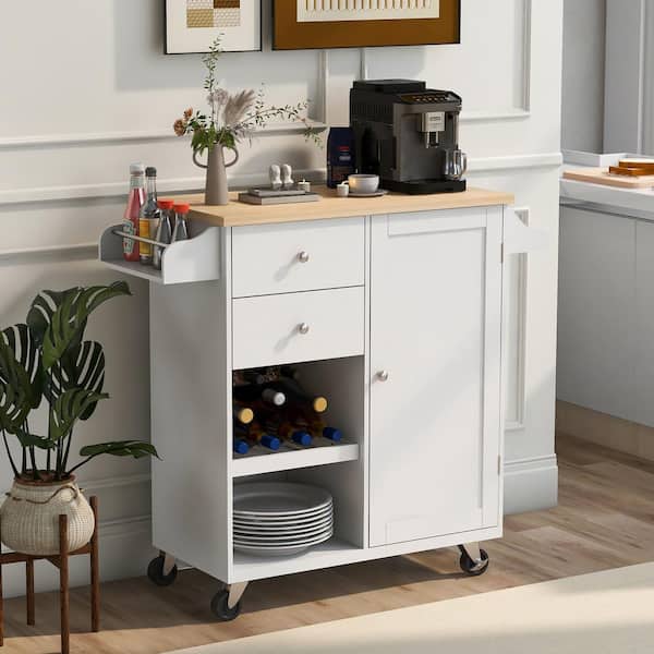 FAMYYT White Rolling Rubber Wood Tabletop 41 in. Kitchen Island Cart with Drawers