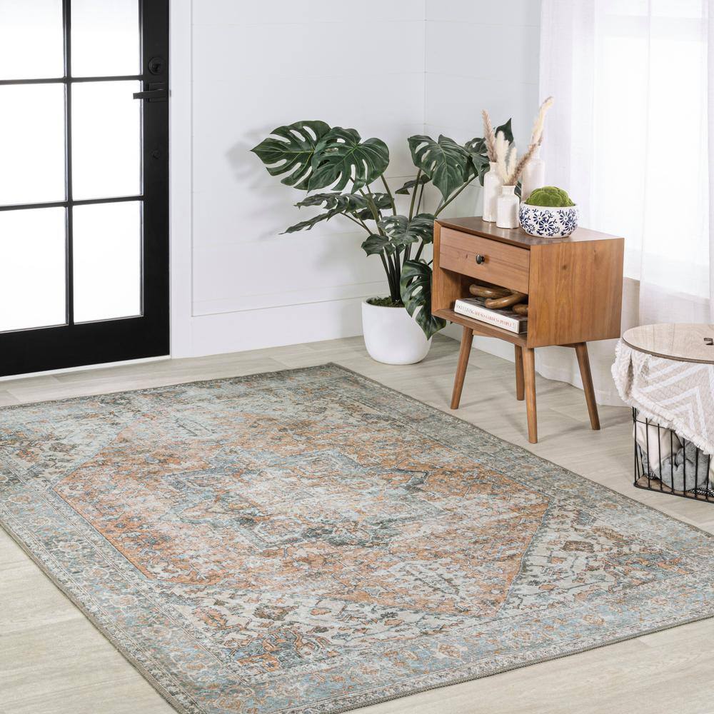 Armae Distressed Blue and Orange Chenille Washable Area Rug