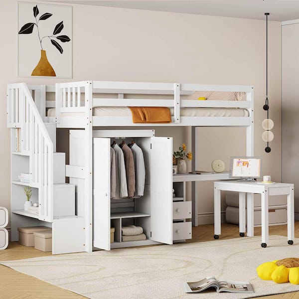 Polibi White Twin Size Wood Loft Bed with Stairs, Bookshelf, Drawers, Desk and Wardrobe