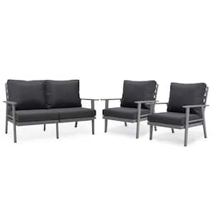 Walbrooke Grey 3-Piece Aluminum Outdoor Loveseat and Set of 2 Armchairs with Removable Cushions, Charcoal