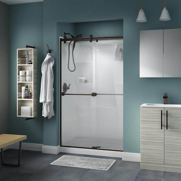 Delta Silverton 48 x 71 in. Frameless Contemporary Sliding Shower Door in Bronze with Droplet Glass