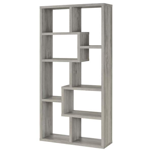 Coaster 70.75in Grey Driftwood Wood 10-Shelf Geometric Bookcase