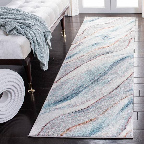 Phoenix 2 ft. x 8 ft. Ivory/Blue Wavy Marble Runner Rug
