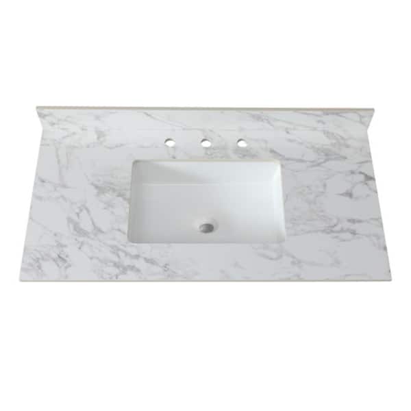 18.9 Undermount Rectangular Vanity Top Bathroom Sink with Backsplash and 3 Faucet Holes, Sintered Stone Carra White