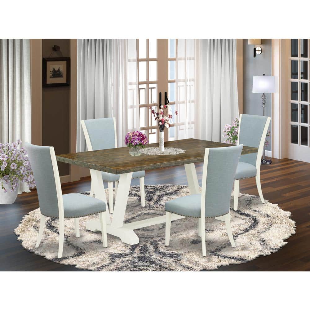 Distressed Jacobean Wood Dining Set with Baby Blue Linen Chairs