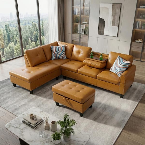 Ginger Faux Leather Sectional with Storage Ottoman,Left Hand Facing