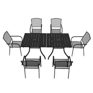8-Piece Black Steel Dining Chair Square Table 28.54 in. H Outdoor Dining Set with Umbrella Hole