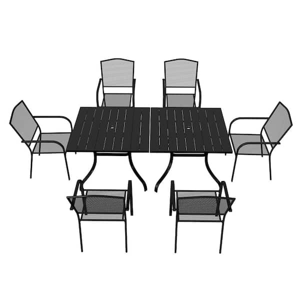 Mondawe 8-Piece Black Steel Dining Chair Square Table 28.54 in. H Outdoor Dining Set with Umbrella Hole