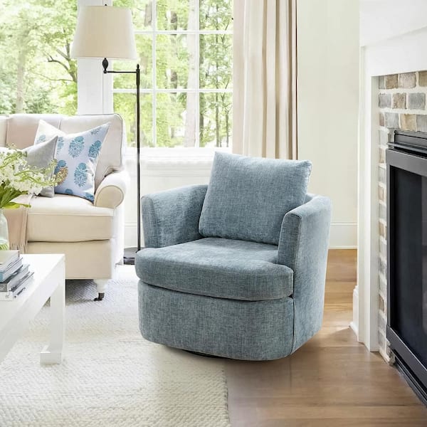 LUE BONA Carino 360° Blue Modern Swivel Barrel Chair Chenille Upholstered Comfy Accent Armchair with Tall Backrest
