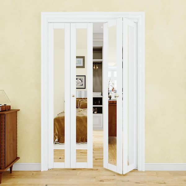 48 in. x 96 in. 1-Lite Mirrored Glass Solid Core and MDF White Prefinishied Closet Bifold Door with Hardware Kit