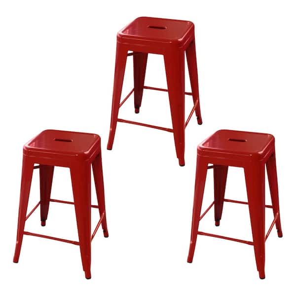 AmeriHome Loft Style 24 in. Red Stackable Metal Bar Stool (Set of 3)