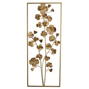 Anky Iron Gold Metal Tree Metal Work Wall Decor, Vertical Rectangular Flower Wall Accent