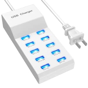 10 Ports USB Charging Station in White for Phone Tablet, Fast Charging Power Adapter 50-Watt