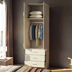 Beige-D Wood 31.5 in. Armoire with 3-Drawer 2-Door, Hanging Rod, Top Shelf Cabinet, Modern Design For Bedroom Storage