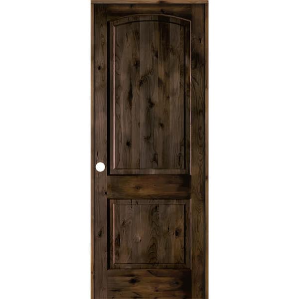 Krosswood Doors 28 in. x 96 in. Knotty Alder 2-Panel Right-Handed Black Stain Wood Single Prehung Interior Door with Arch Top