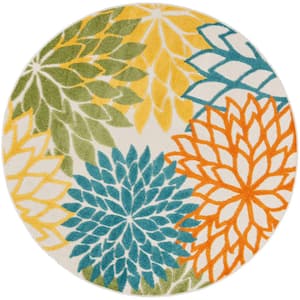 Aloha Turquoise Multicolor 4 ft. x 4 ft. Round Floral Contemporary Indoor/Outdoor Patio Area Rug