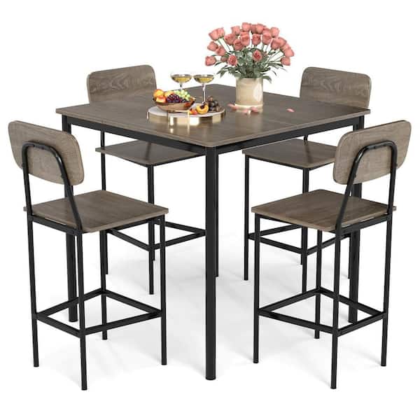 Costway 5-Piece Square Grey Wood Industrial Dining Table Set with Counter Height Table and 4 Bar Stools Black