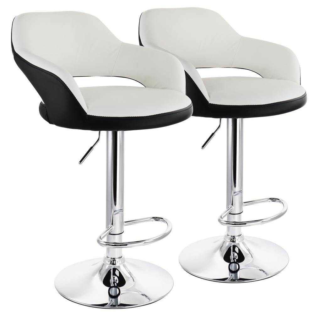 32 in. Black and White Low Back Tufted Faux Leather Adjustable Bar Stool wi