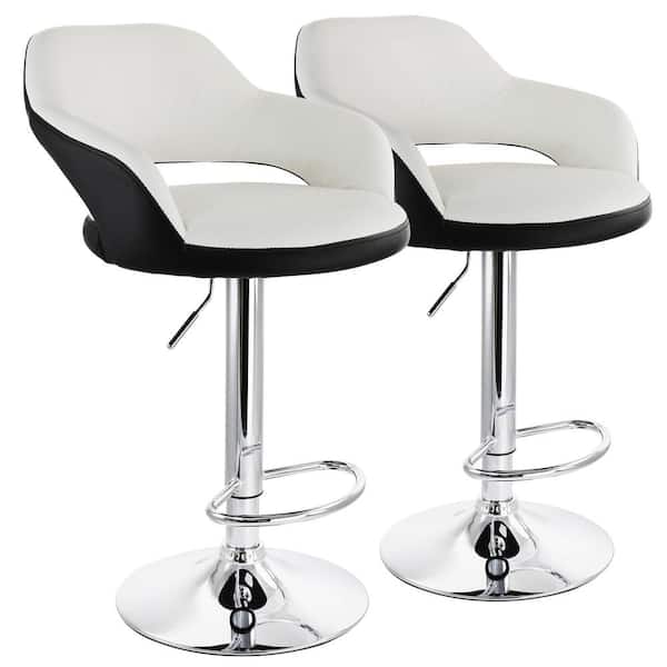 Elama 32 in. Black and White Low Back Tufted Faux Leather Adjustable Bar Stool with Chrome Base (Set of 2)
