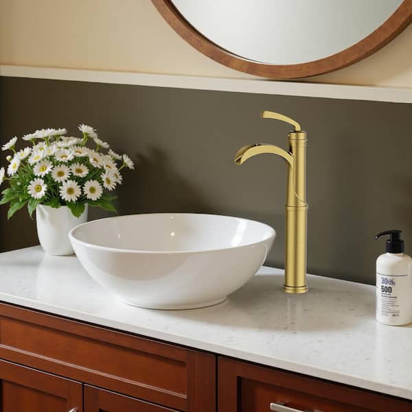 Waterfall Single Hole Single Handle Bathroom Vanity Faucet with Deckplate Pop Up Drain Included in Gold