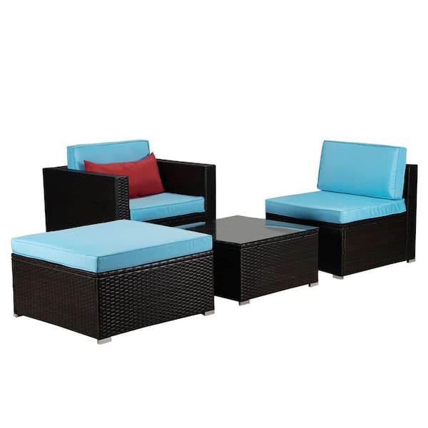 Tidoin Black 4-Piece Wicker Outdoor Garden Patio Furniture Sectional Sofa Sets with Blue Cushion and Red Pillow