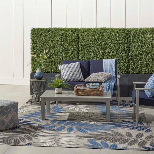 Aloha Gray/Blue 8 ft. x 11 ft. Floral Contemporary Indoor/Outdoor Patio Area Rug