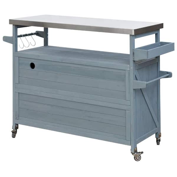 Outdoor Serving Cart, Rolling Bar Cart & Storage Cabinet, Farmhouse Solid Wood Grill Table with Stainless Steel Top