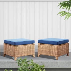 Carolina Yellow Wicker Outdoor Ottoman with Blue Cushions