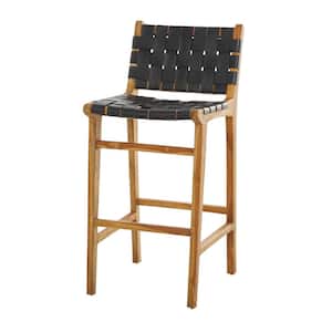 40 in. Black Teak Wood Woven Leather Seat and Back Bar Stool with Beam Footrest