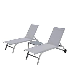 3-Piece Gray Metal Outdoor Patio Chaise Lounge with Adjustable Backrest, Side Table and Wheels for Patio, Beach