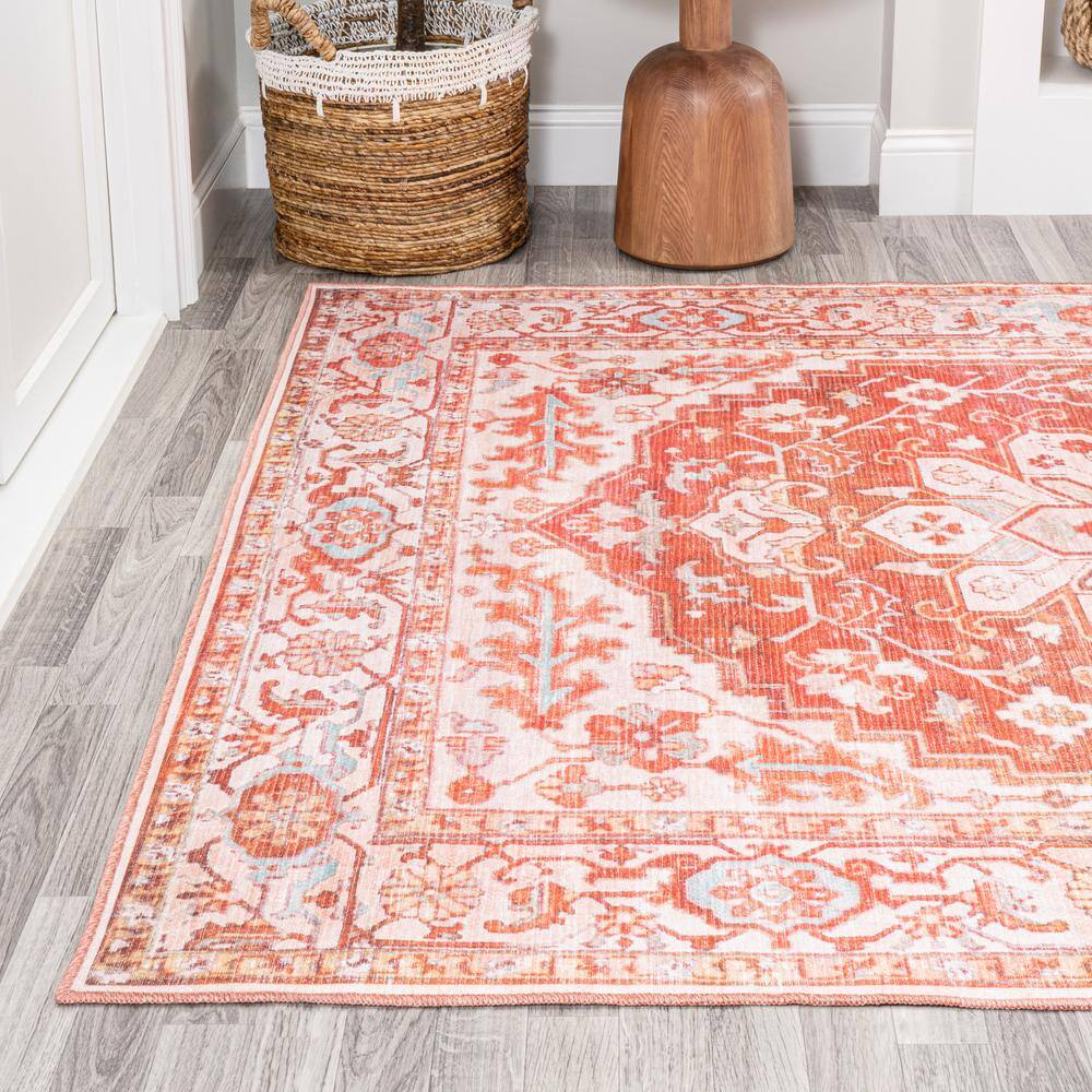 Asa Ornate Medallion Washable Orange and Cream 9' x 12' Synthetic Area Rug