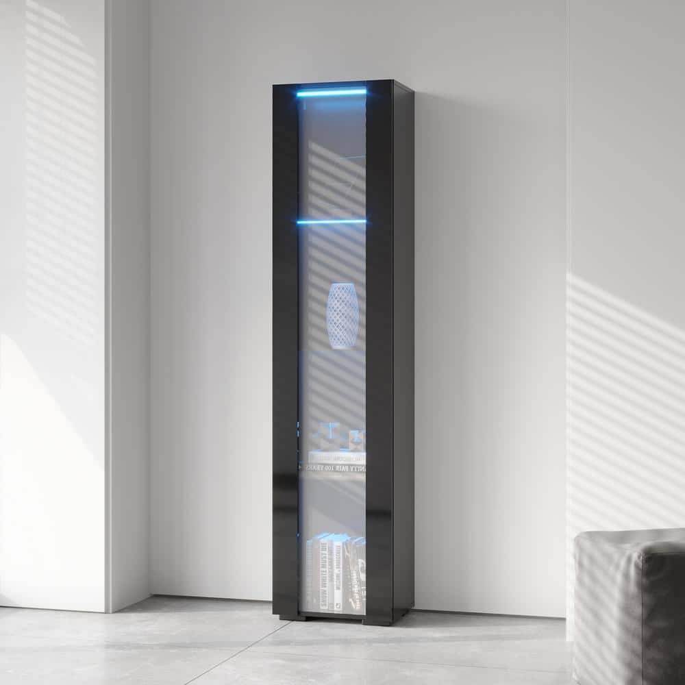 68 in. Black Modern Wood 4-Glass Shelf Standard Bookcase with RGB Light and