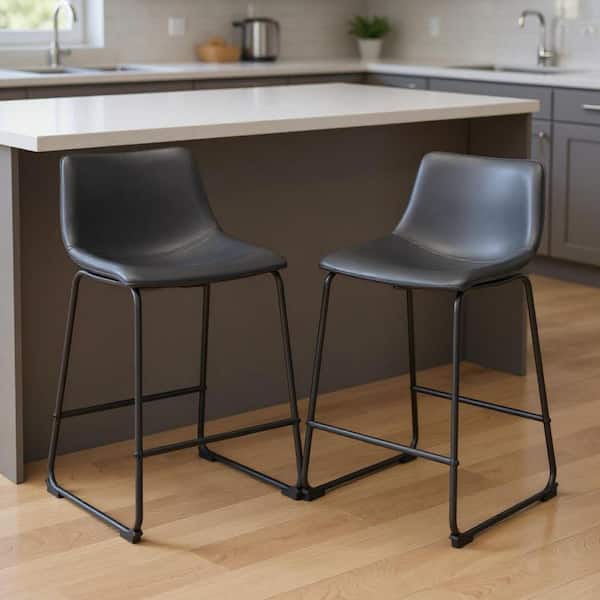 34.60 in. H Black Counter Height Metal Bar Stool with Upholstered Seat (Set of 2)
