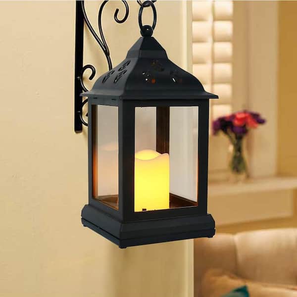 Unbranded 9.5 in. x 4 in. Black Plastic Vintage Lantern with LED Candle (2-Pack)