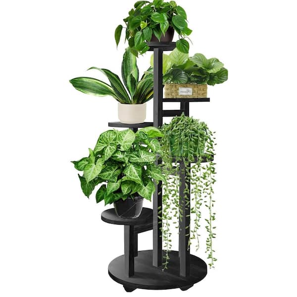 5-Tier Black Plant Stand, Tall Wood Corner Shelf for Multiple