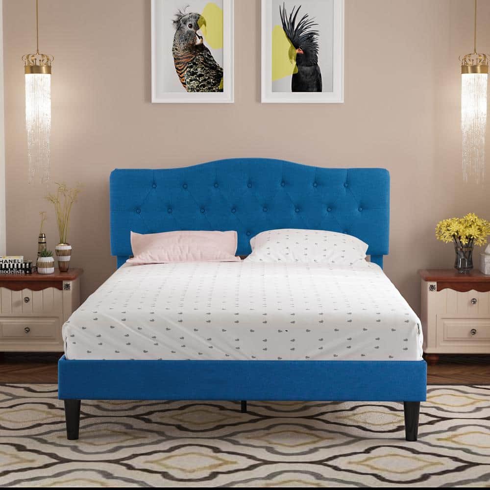 VECELO Bed Frame With Button, Blue Wood Frame Slat Support Easy ...