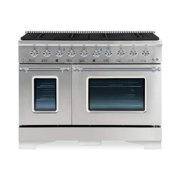 Hallman 48 in. 8 Burner Double Oven Dual Fuel Range with Gas Stove and Electric Oven in Stainless Steel