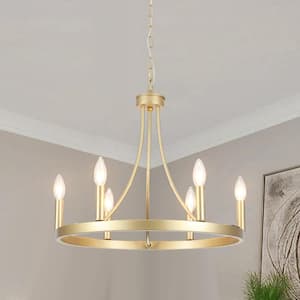 Romyn 6-Light Gold Farmhouse Candle Style Wagon Wheel Chandelier for Living Room Kitchen Island Dining Room Foye